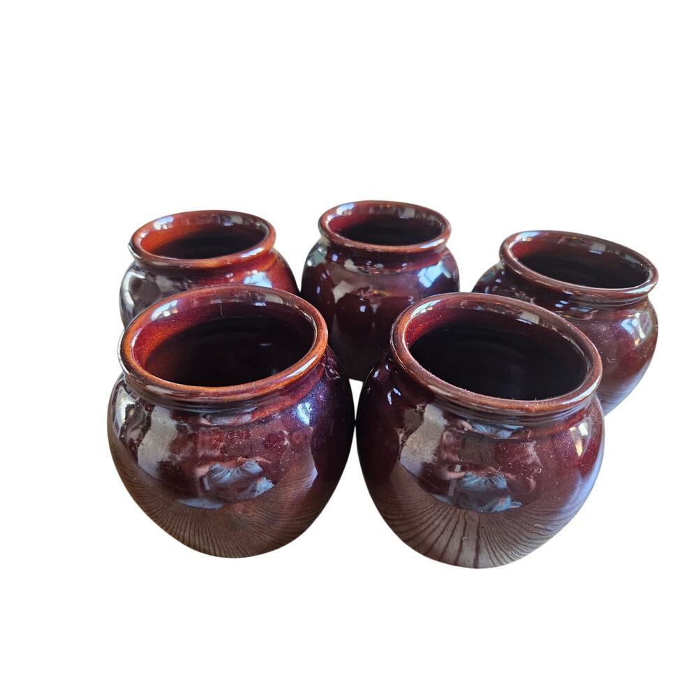 Set of 5 Brownware Pottery Vintage USA Small Crocks Bean Pots Mustard Pots